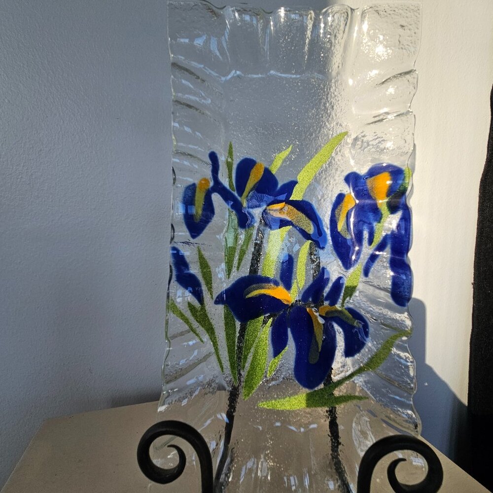 Vintage Sydenstricker Glass Fused Glass Iris Dish, 12" x 5.5", Made on Cape Cod